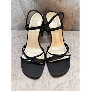BP Lavish Black Strappy Square Toe Kitten Heel Slingback Sandals Prom 6M Leather